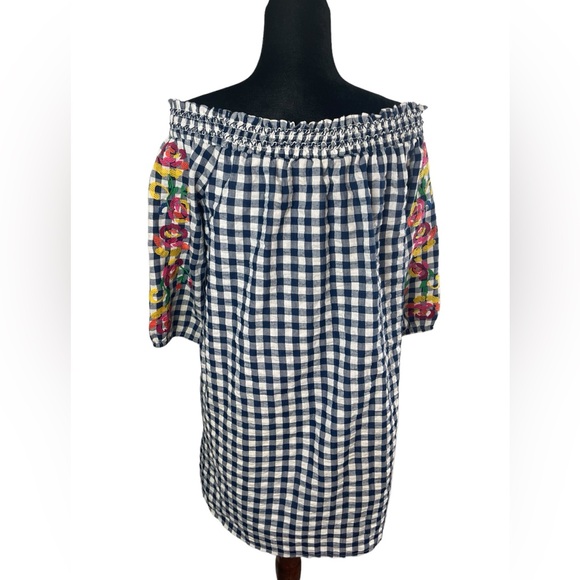 Skies Are Blue Navy Gingham Off Shoulder
Embroidered 3/4 Sleeve Dress - Picture 4 of 11